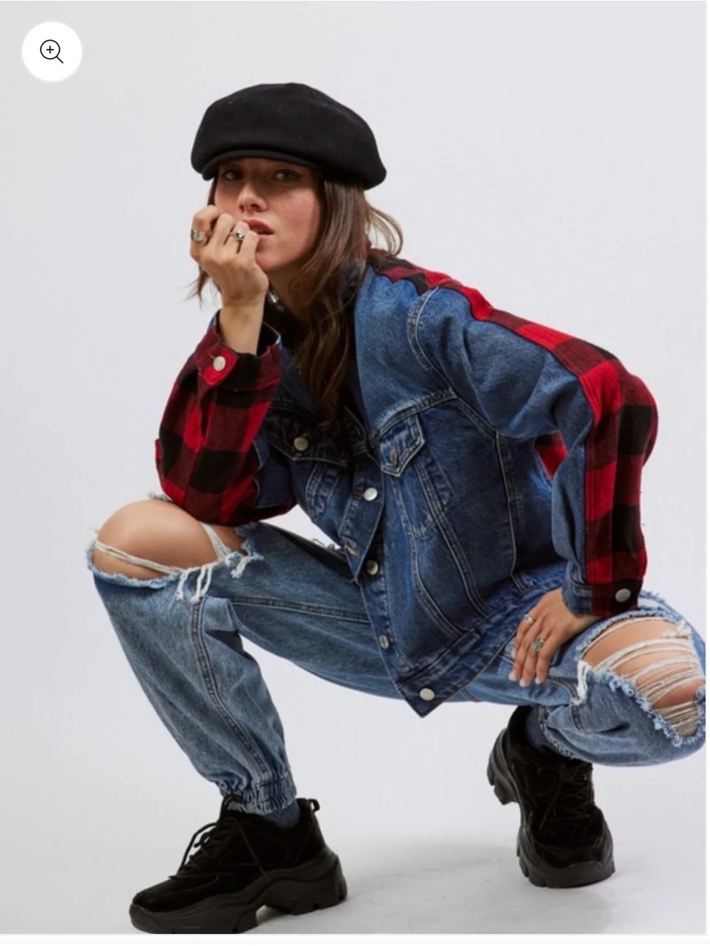 Classic Blue Denim Jacket with Red Plaid Sleeve Detail - Picture 4 of 4
